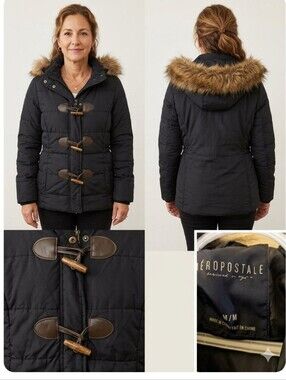 Aeropostale Navy Blue Toggle Puffer Winter Jacket Coat with Faux Fur Trim Hood